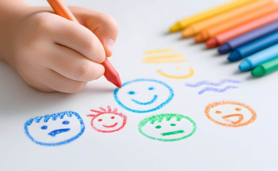 mano de niño dibujando con pinturas de colores caras para la educación emocional