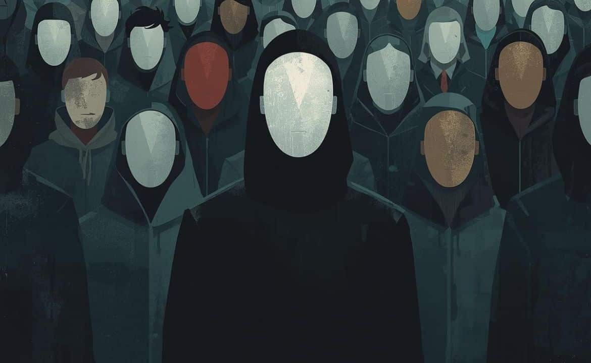 Dibujo de grupo de personas inexpresivas en línea donde sobresale una figura mayor al frente que representa un trastorno de personalidad antisocial.