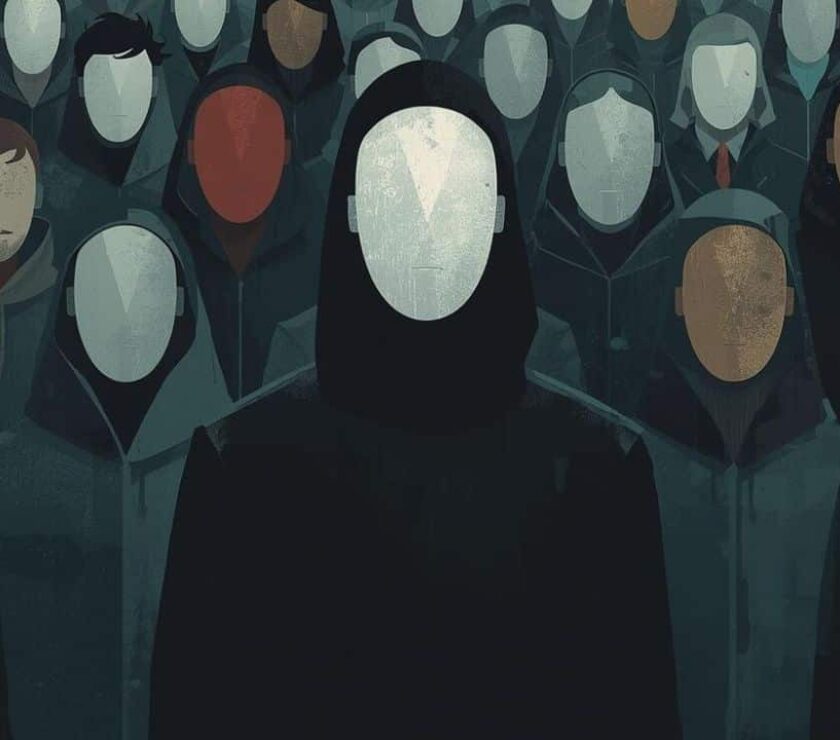 Dibujo de grupo de personas inexpresivas en línea donde sobresale una figura mayor al frente que representa un trastorno de personalidad antisocial.