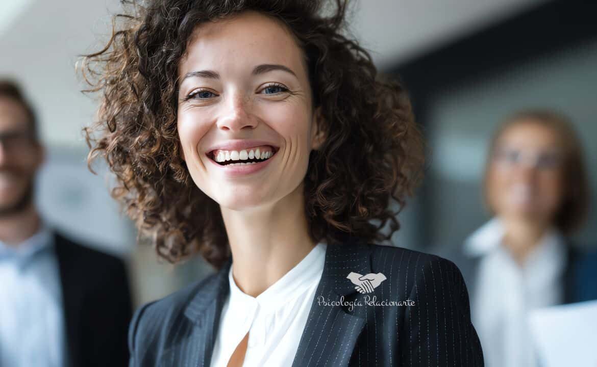 Mujer sonriente en entorno laboral mostrando bienestar emocional