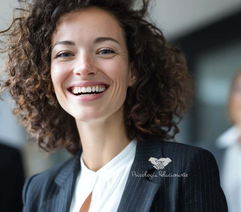 Mujer sonriente en entorno laboral mostrando bienestar emocional