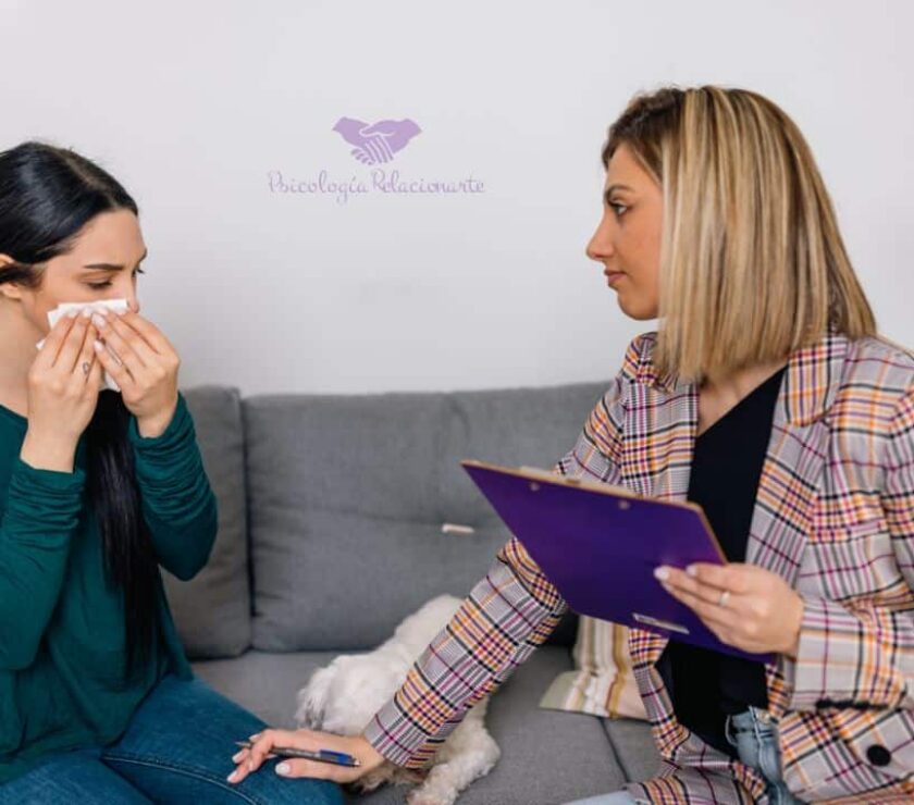 Terapeuta acompaña con empatía a una paciente que se seca las lágrimas durante una sesión de psicoterapia como base segura.