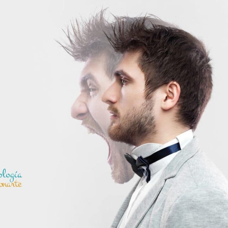 Psicólogo en Pozuelo - Psicología Relacionarte Hombre de perfil con una expresión calmada mientras detrás aparece una versión superpuesta de sí mismo gritando, representando los cambios emocionales asociados al trastorno bipolar.