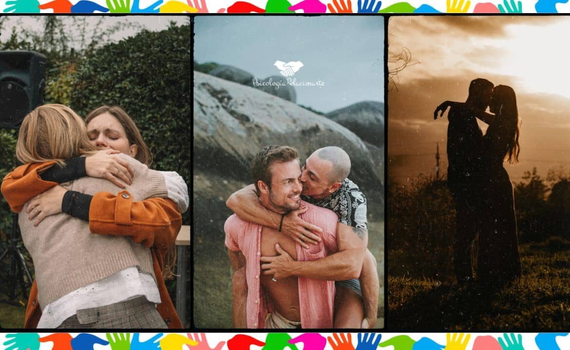 Confianza en pareja representada por tres imágenes de personas que se abrazan y expresan cariño, apoyo emocional y conexión afectiva.