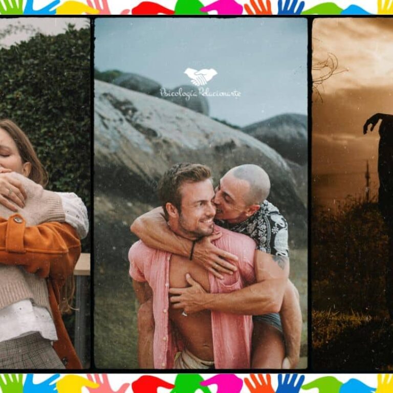 Confianza en pareja representada por tres imágenes de personas que se abrazan y expresan cariño, apoyo emocional y conexión afectiva.